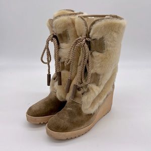 Vintage Charles Jourdan Women's Luxury Fur Leather Lace Up Wedge Boots
